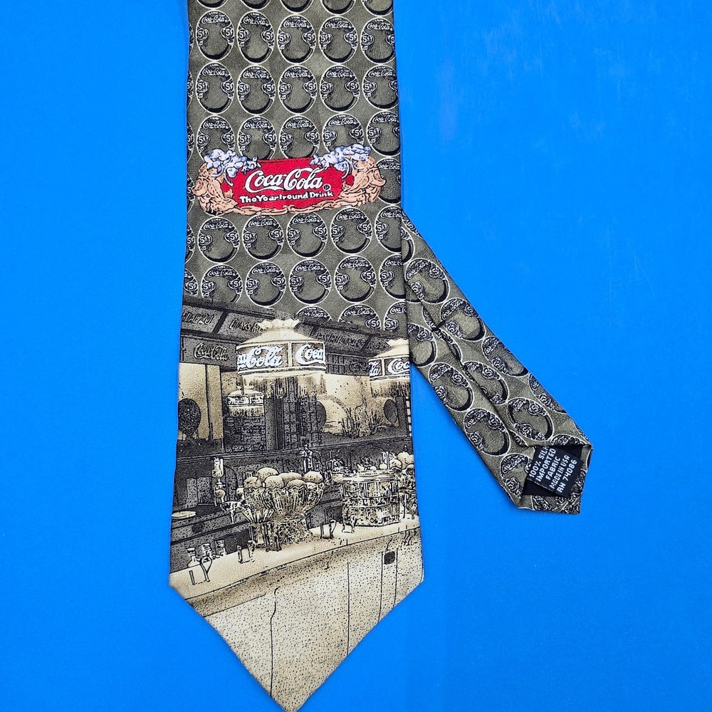 Vintage Coca-Cola‎ Silk Tie Olive Green Soda Fountain Advertising Americana 5¢